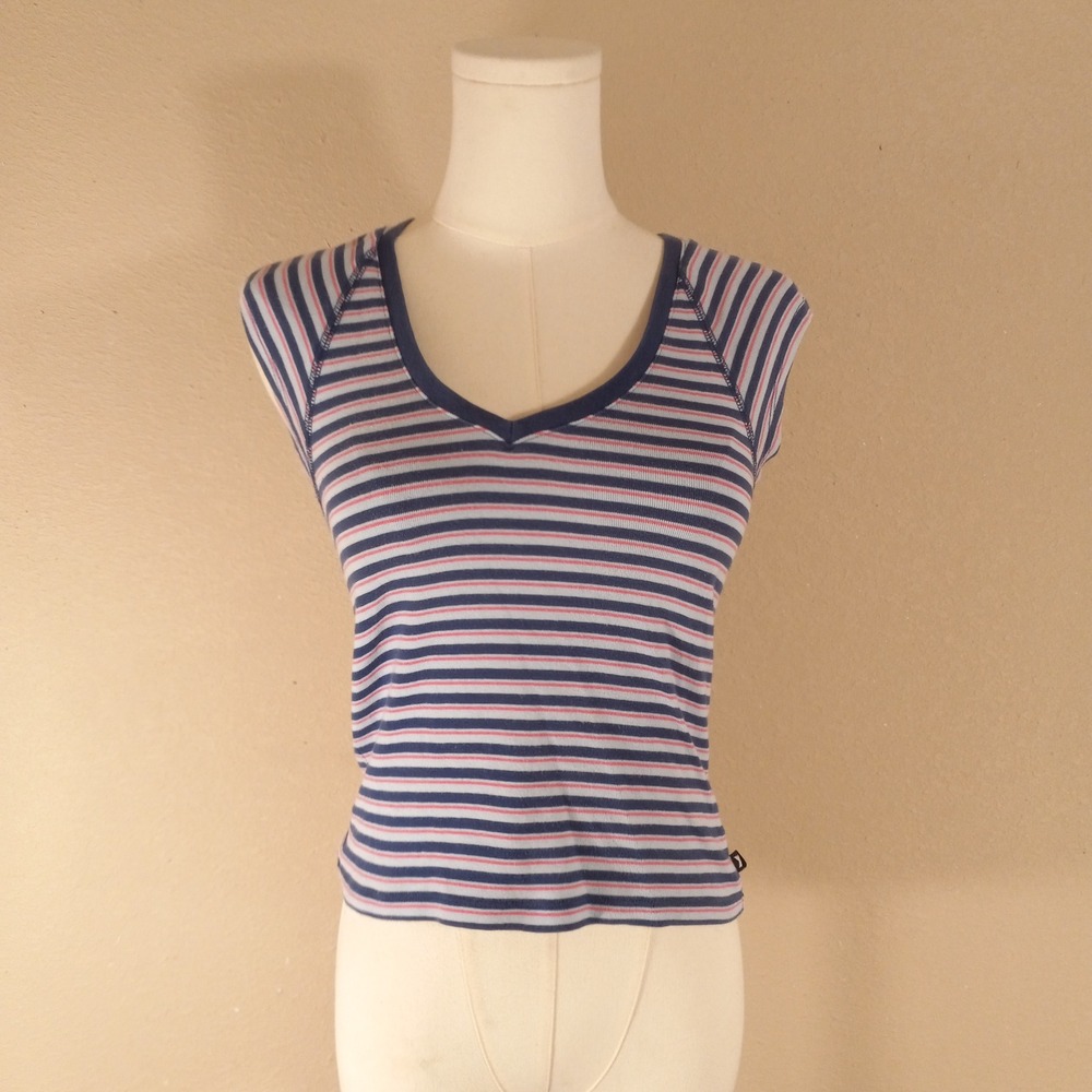 Express Jeans Womens Blue Pink Striped V-Neck Cap Sleeve Ribbed Cotton Top Small